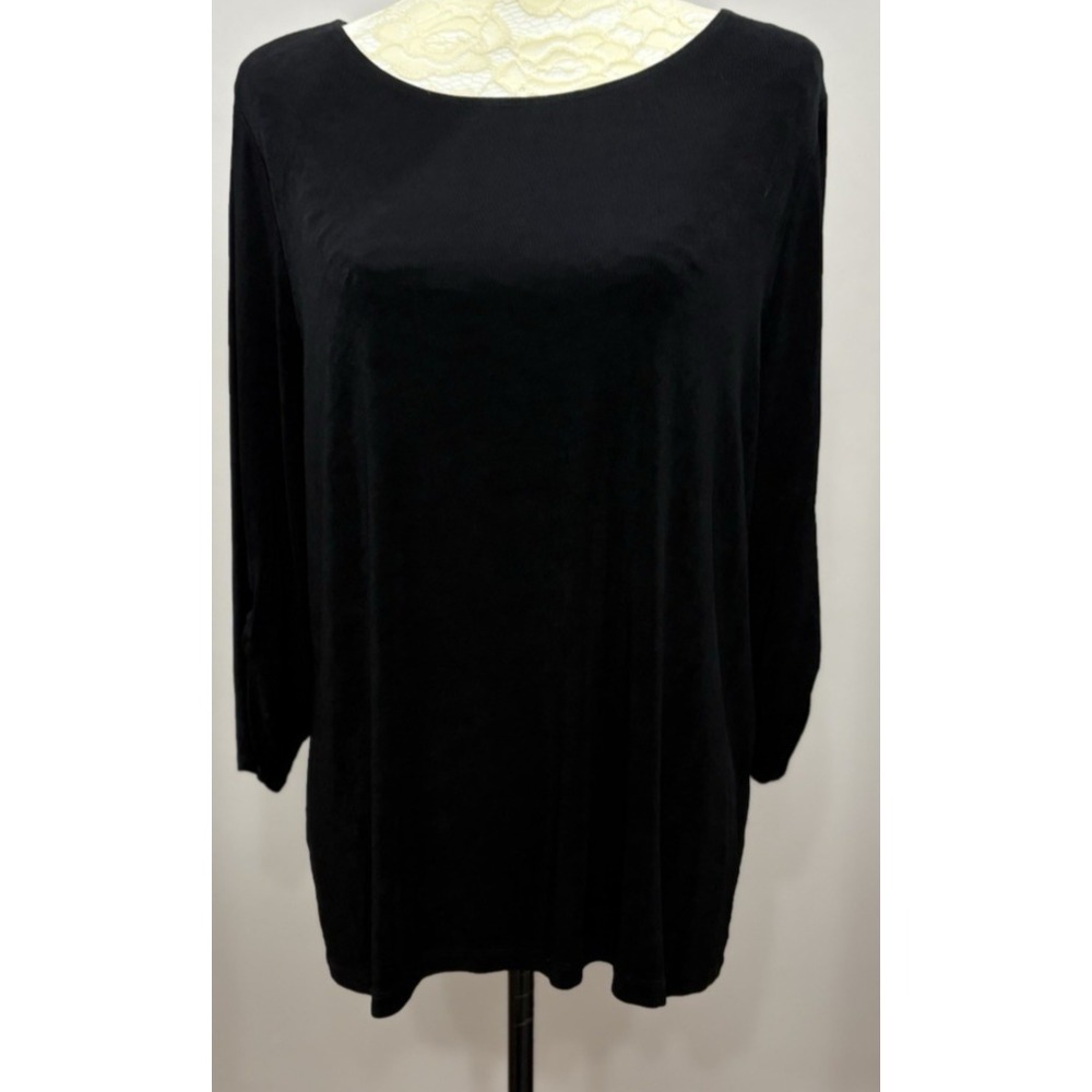 Chicos Travelers Womens XL Black Acetate Top 3/4 Ruched Sleeve Gold Accent